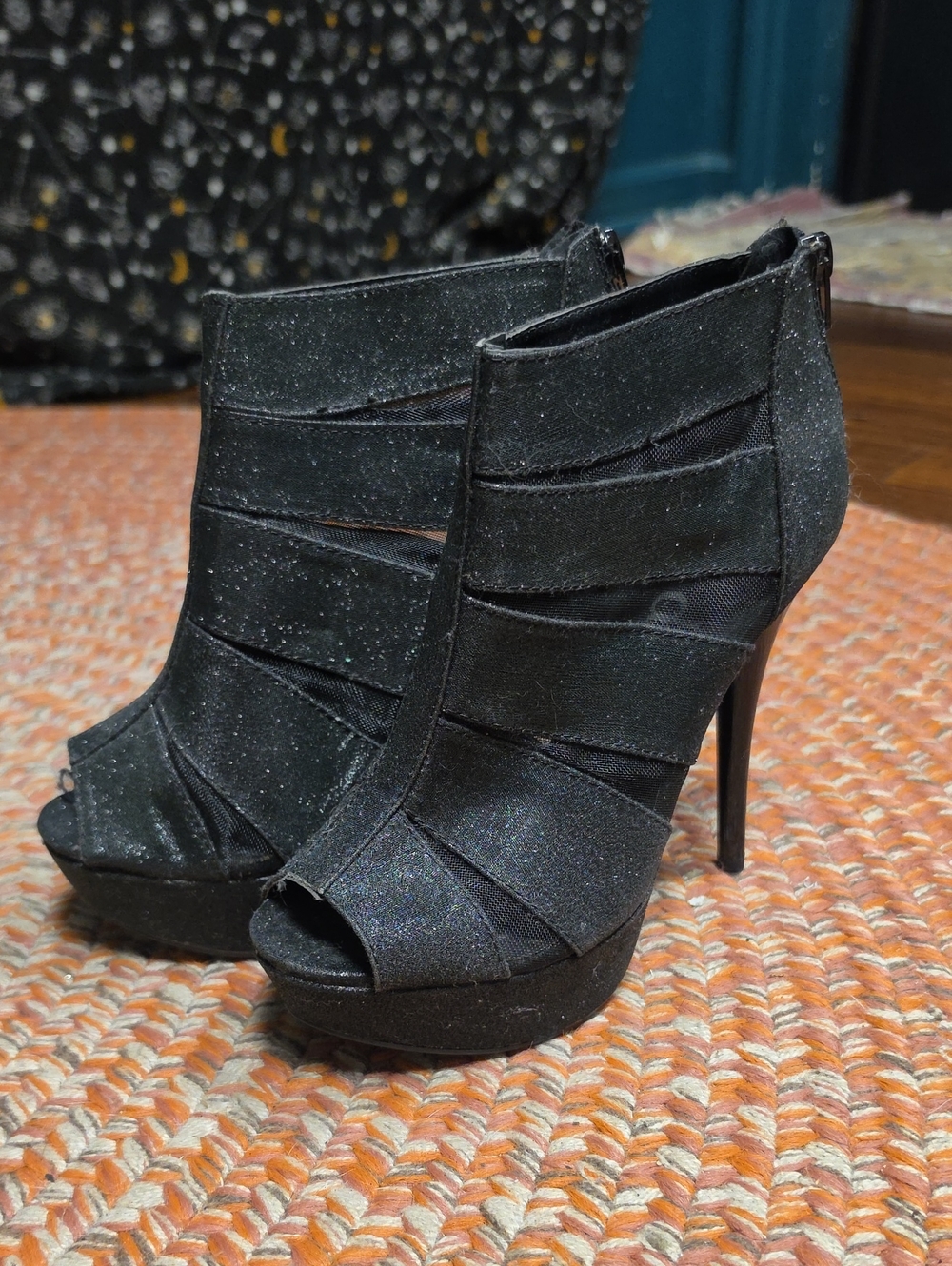 Deb Black Glitter Peep-Toe Platform Ankle Heels